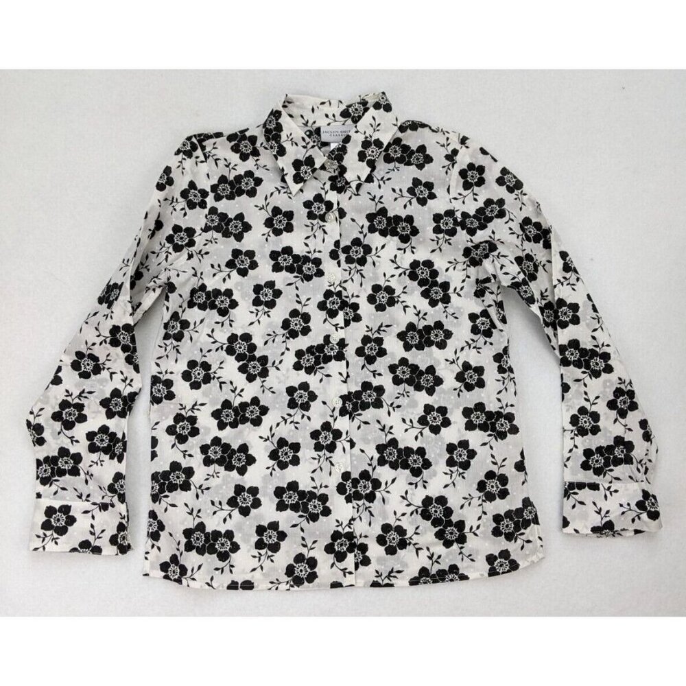 Jaclyn Smith Women's Top Size PM White & Black Floral Print Sheer Long Sleeve
